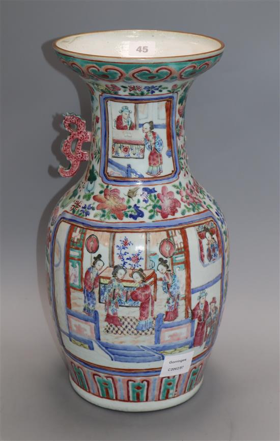 A 19th century Chinese famille rose vase, one handle lacking height 42.5cm